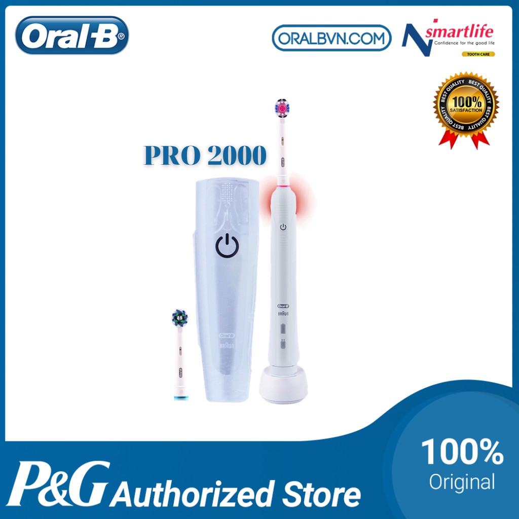 [AUTH]  Bàn chải đánh răng điện tự động Oral B Pro 2000 trắng làm sạch răng, hạn chế viêm nướu tặng kèm hộp du lịch