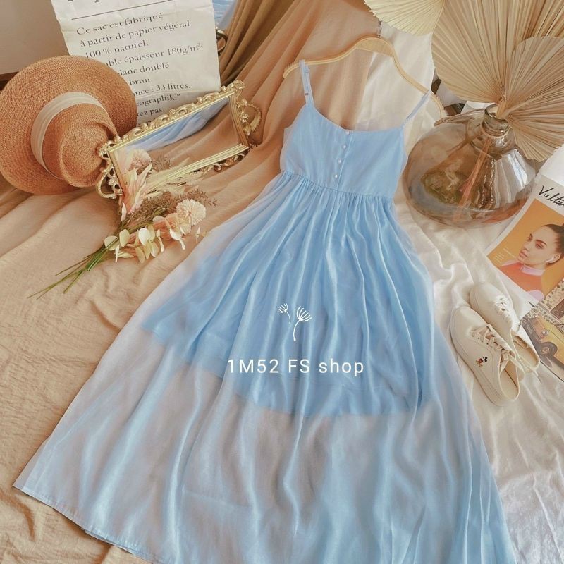 Đầm MAXI 2 dây Baby Doll Xanh có nút trầy dọc giữa