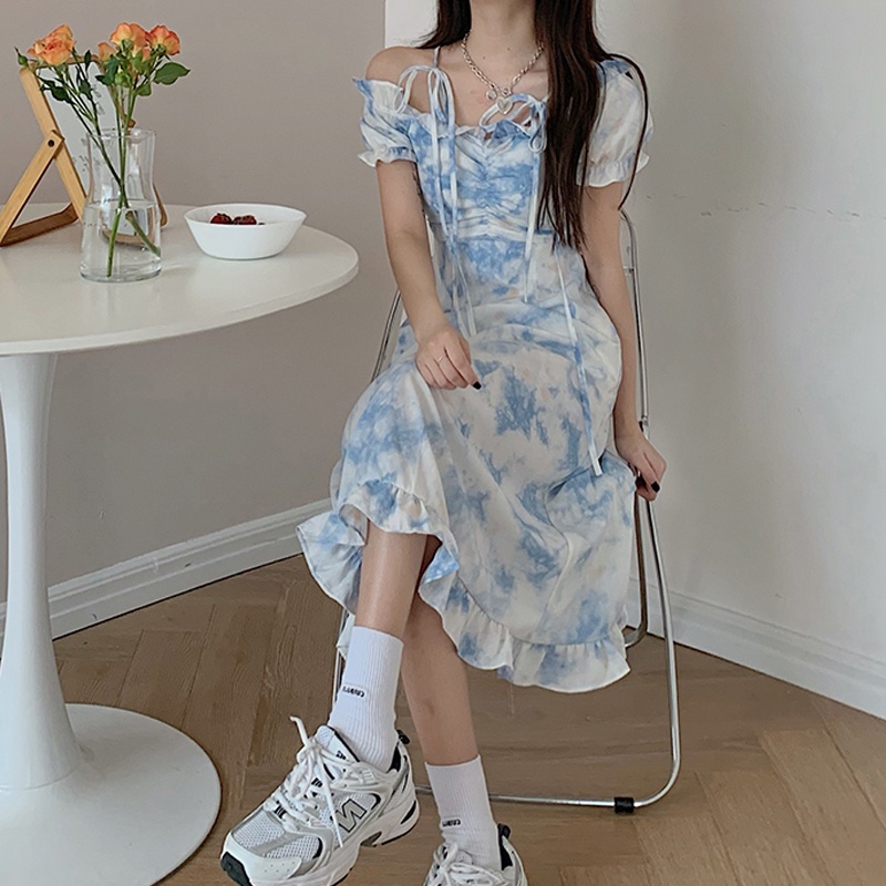 Váy Hoa Chun Eo Tay Phồng Dầm Hoa Nhí Vitage Đầm Dài Tay Ngắn Cổ Vuông In Họa Tiết Hoa Thời Trang Mùa Hè Xinh Xắn Cho Nữ