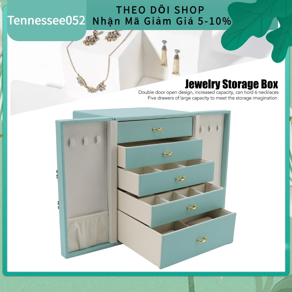 [Hàng HOT] Hộp Đựng Trang Sức Bằng cao cấp bọc da 5 tầng Hai Cửa Màu Xanh Lá Phong Cách Châu Âu sang trọng【Tennessee052】