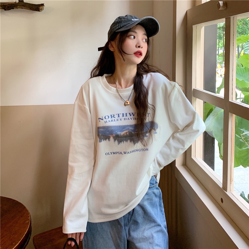 Áo thun tay dài cổ tròn dáng rộng in họa tiết kiểu retro thời trang