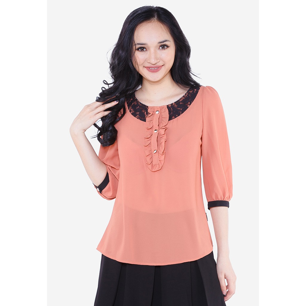 Áo sơ mi chiffon cam tay lỡ xếp bèo bổ thép The One Fashion ADD0181CA
