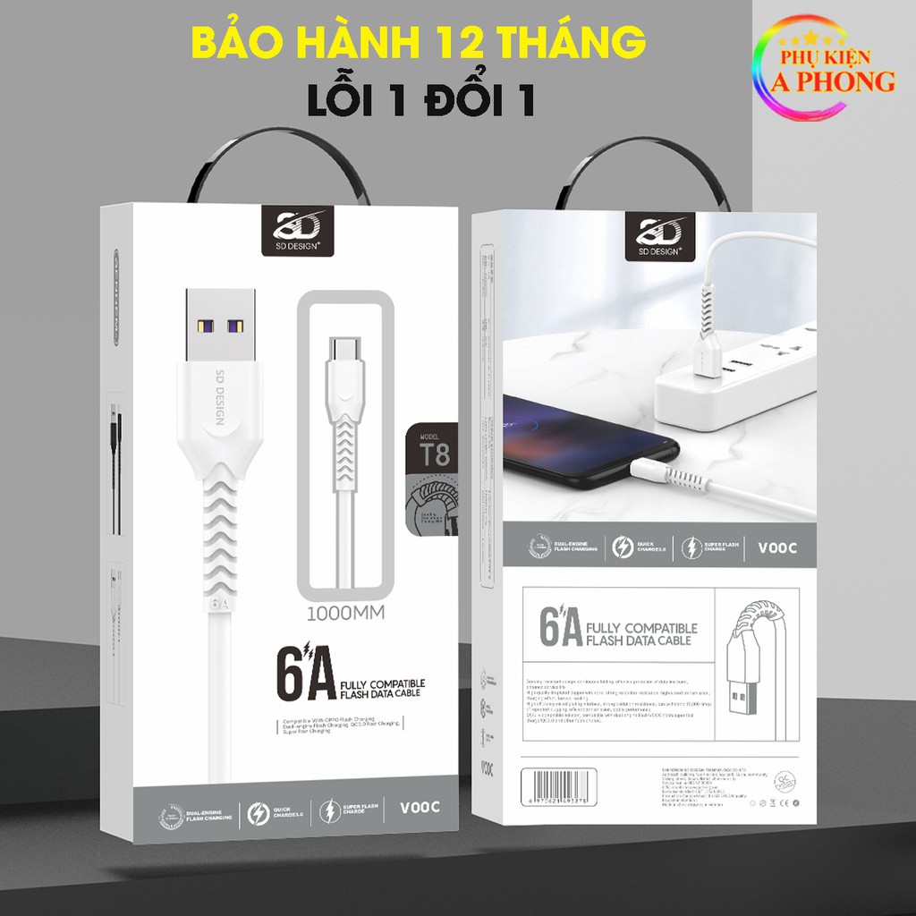 CÁP SẠC NHANH SIÊU TỐC T8 6A - Chính hãng SD - Sạc nhanh không hại pin cho Iphone, Samsung, Oppo - Bảo hành 12 tháng