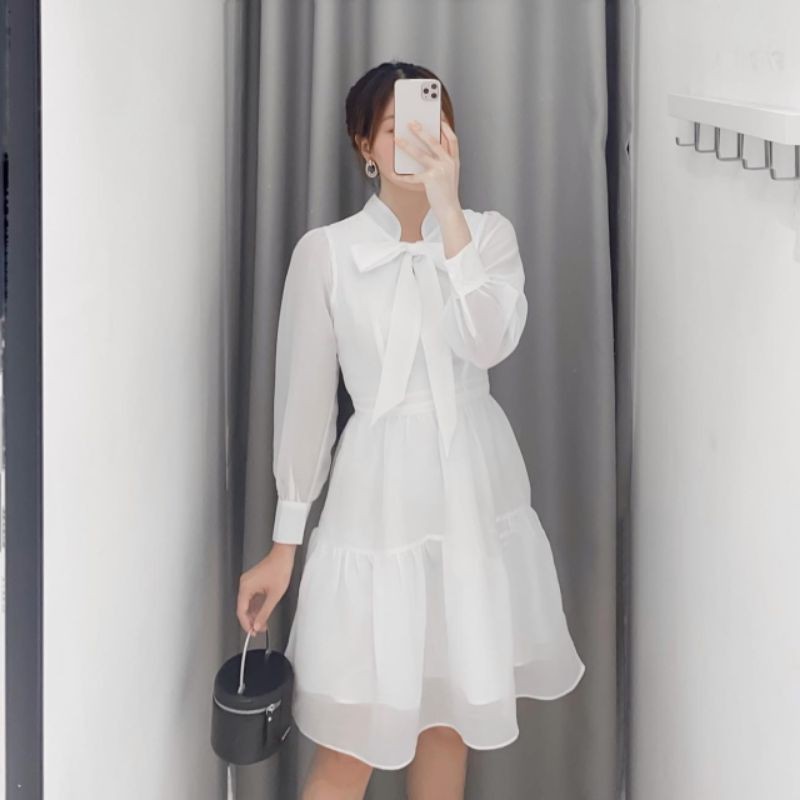 Đầm công sở trắng xanh nơ ngực tơ tầng xinh xắn