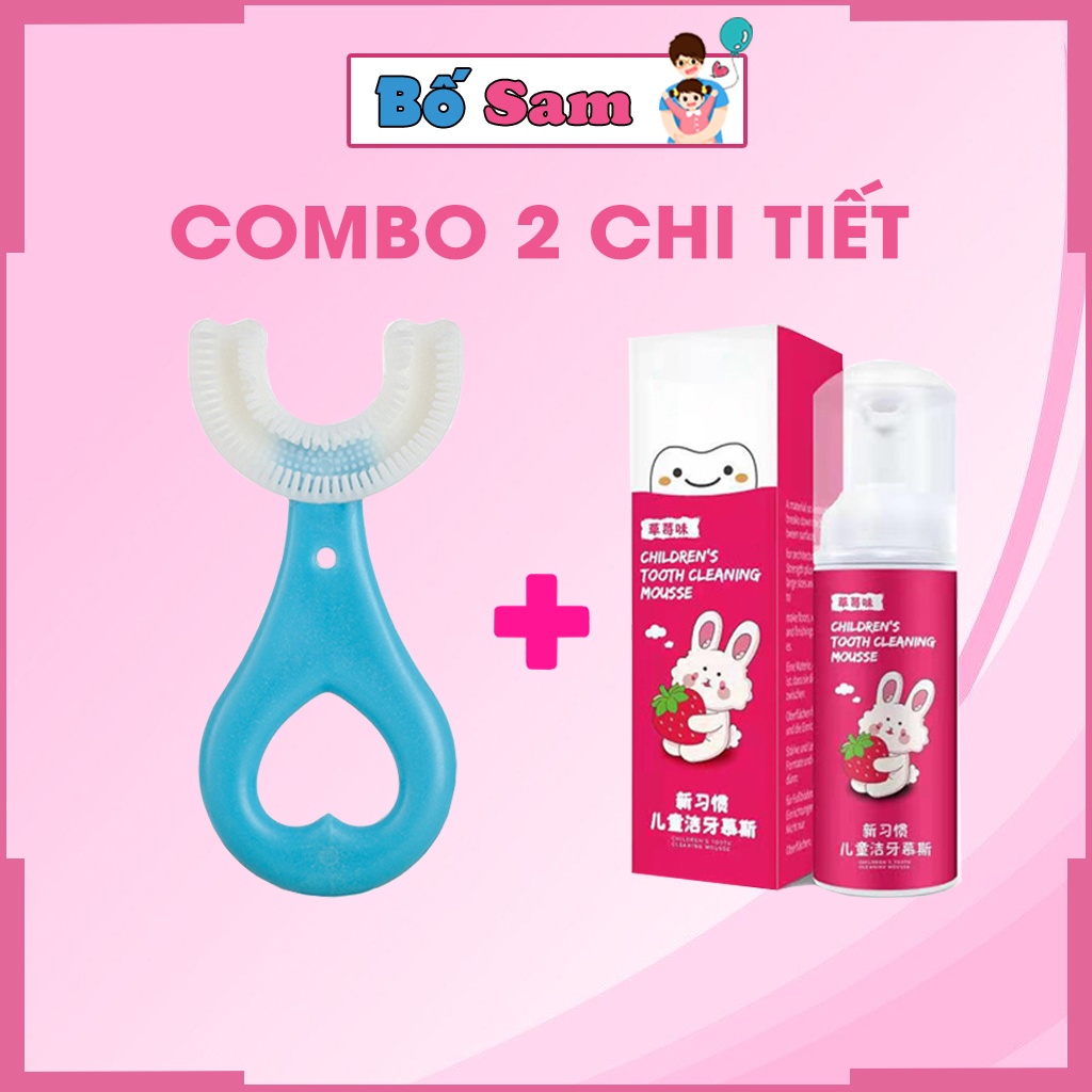 Set 2 chi tiết bàn chải đánh răng chữ u thông minh, kem đánh răng dạng bọt cho bé Shop Bố Sam