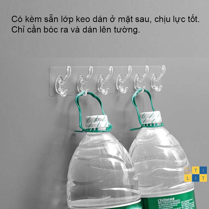 MÓC DÁN NGUYÊN KHỐI 6 MÓC TRONG SUỐT- Thanh 6 móc treo đồ dán tường siêu dính chịu lực đa năng trong suốt [MÓC 6]