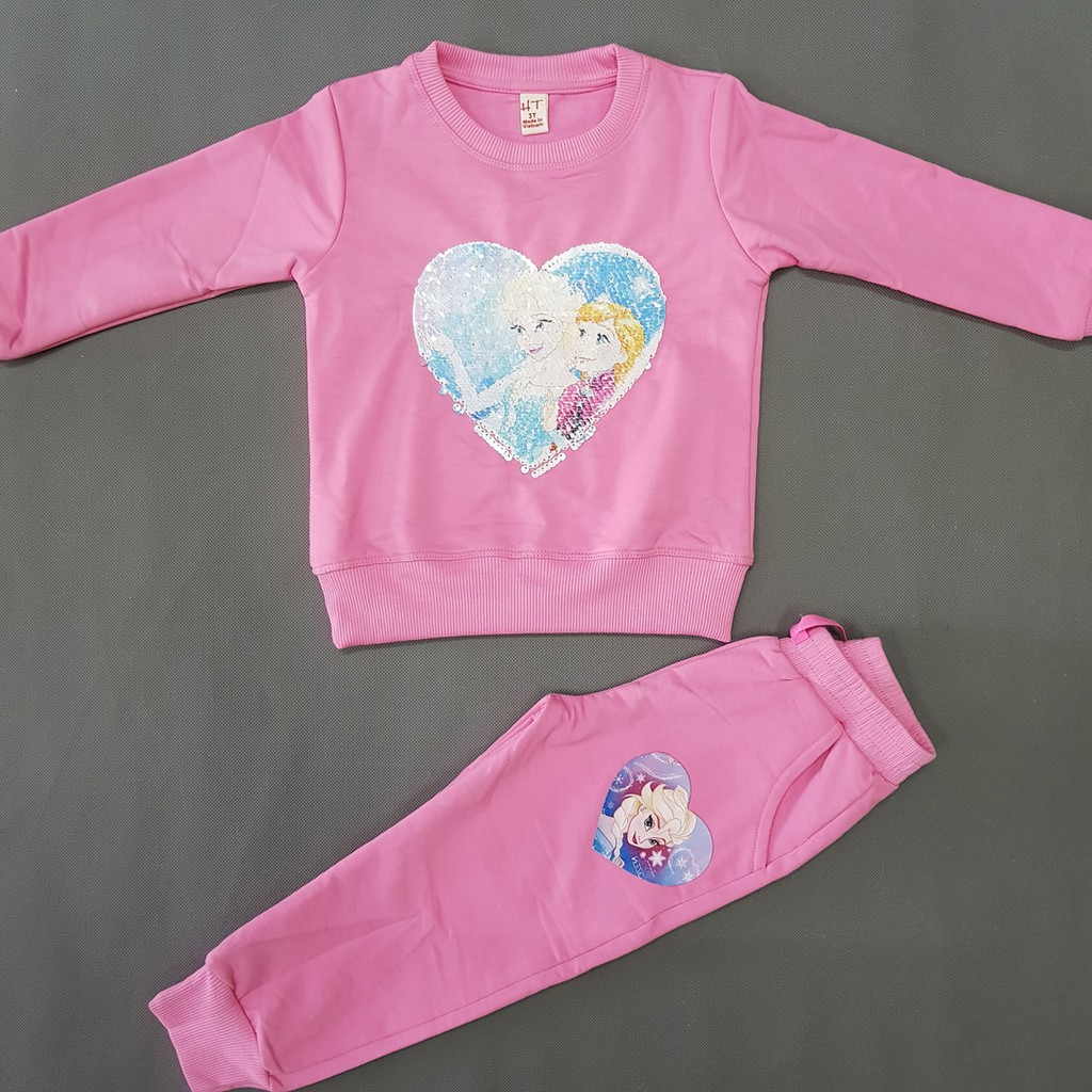 Bộ thun da cá cotton dày dặn và ấm áp đính kim sa đổi màu công chúa elsa