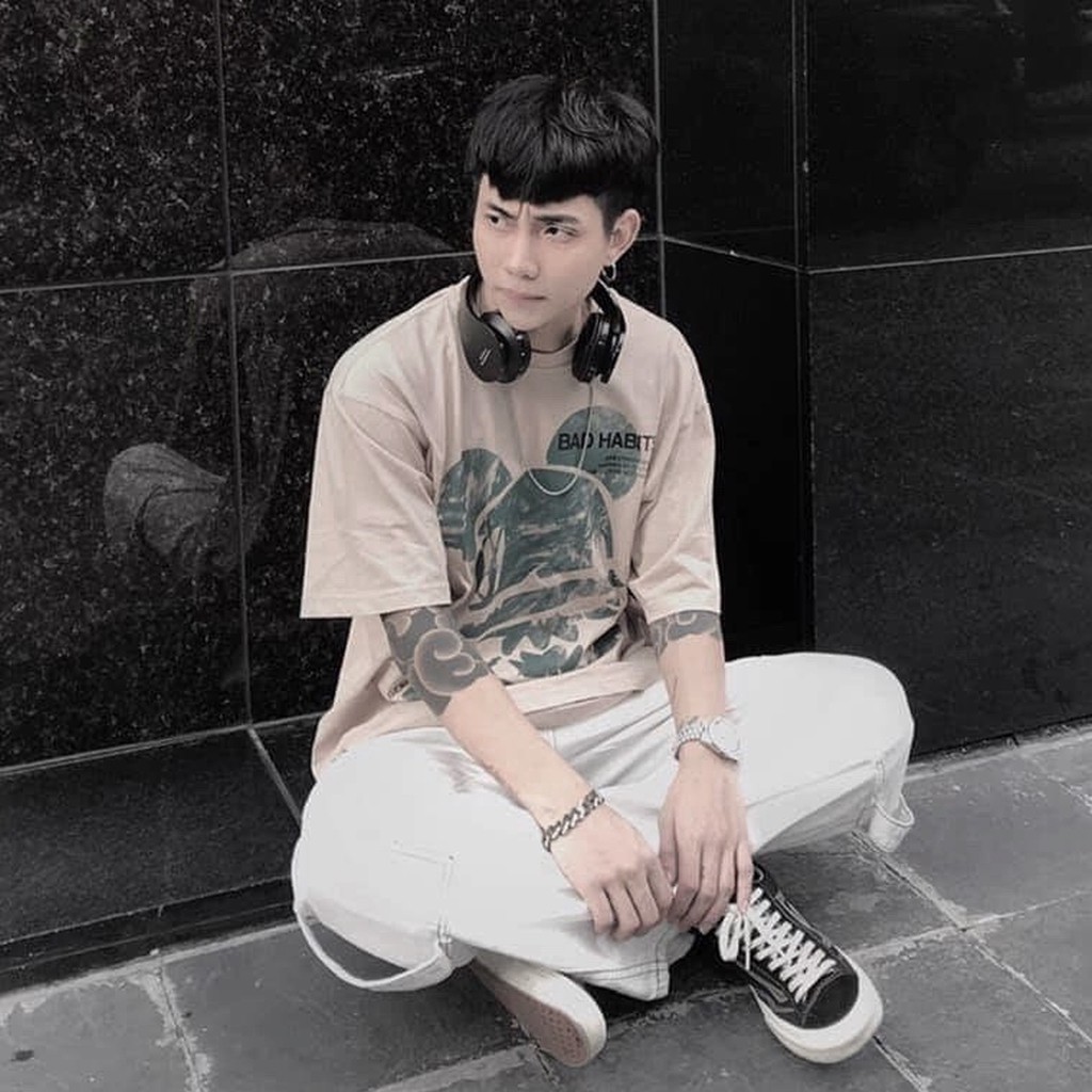 Áo thun 𝑭𝒓𝒆𝒆𝒔𝒉𝒊𝒑 Áo phông form rộng dáng Unisex L18, mặc lớp, nhóm, cặp bad habbit in hình ĐẦU LÂU màu NUDE SỮA.