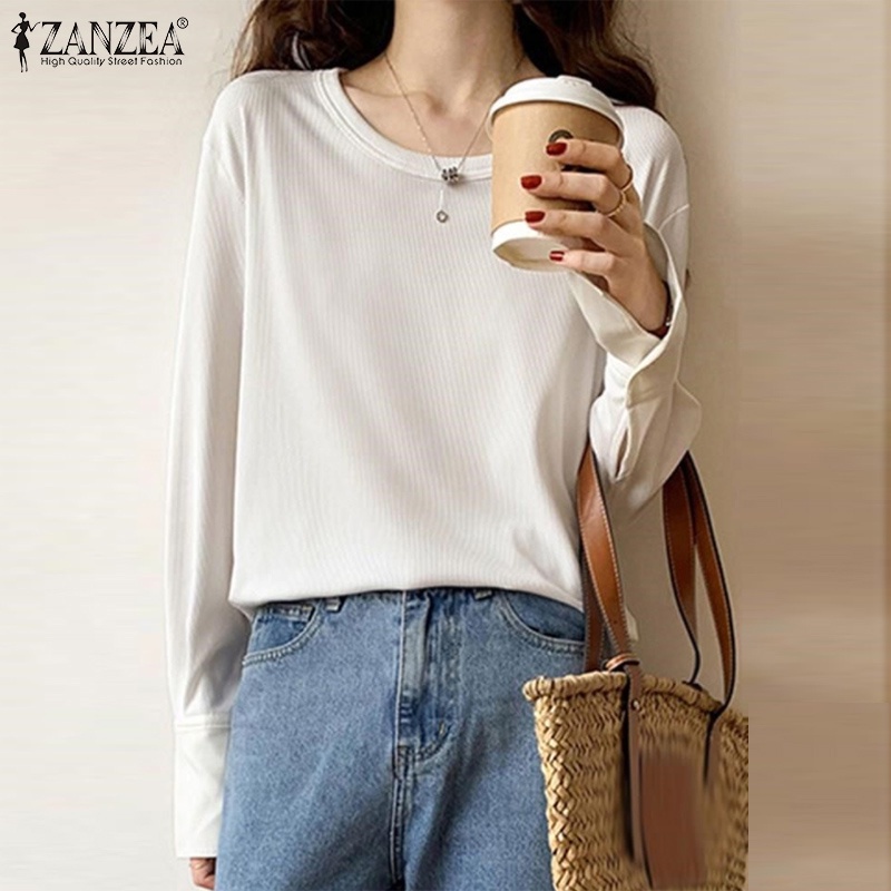 Áo thun ZANZEA tay dài cổ tròn phong cách Hàn Quốc sành điệu cho nữ