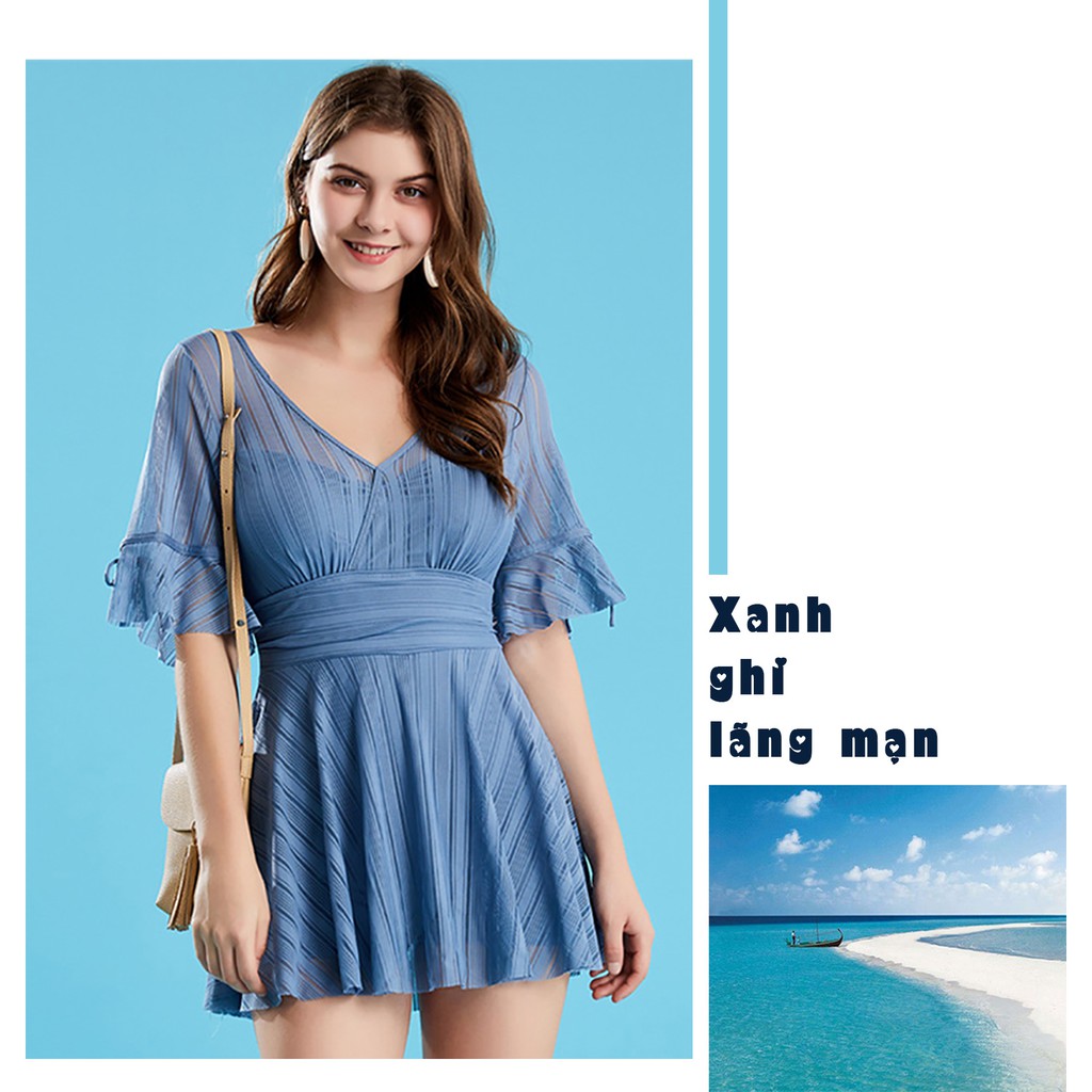 Áo tắm liền váy nữ cổ chữ V chun ngực tay loe giấu bụng MH2021+2027 | BigBuy360 - bigbuy360.vn