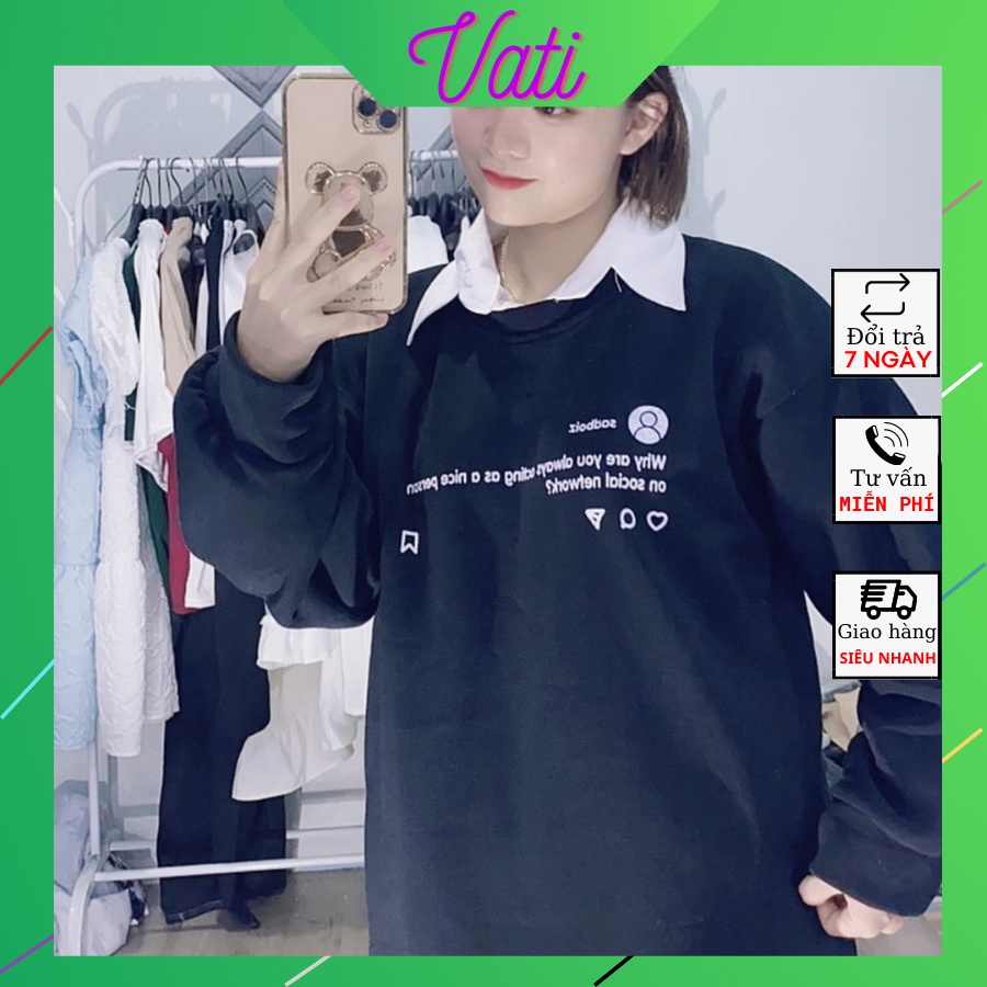 Áo sweater cổ tròn from rộng tay dài chất nỉ bông, áo thun thu đông in hình mặt khóc siêu độc lạ Vati