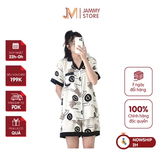 Bộ mặc nhà lụa mango cao cấp jammy set đồ ngủ mặc nhà nữ cổ bèo họa tiết gấu trắng m10