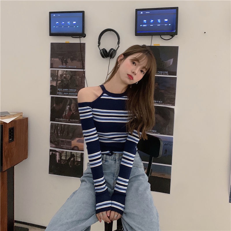 Áo Thun Tay Dài Trễ Vai Họa Tiết Kẻ Sọc Thời Trang Cho Nữ