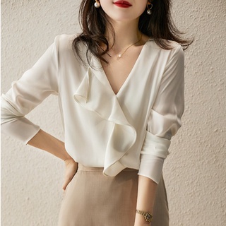 Áo sơ mi vải lụa satin co giãn thiết kế thanh lịch cho nữ