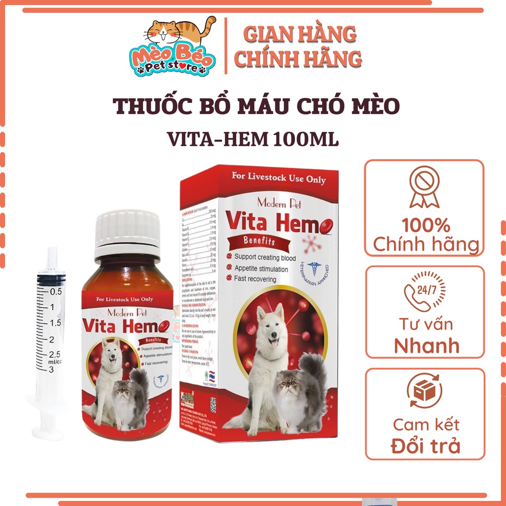 Bổ máu cho chó mèo VITA-HEM hỗ trợ tạo máu kích thích thèm ăn - chai 100ml