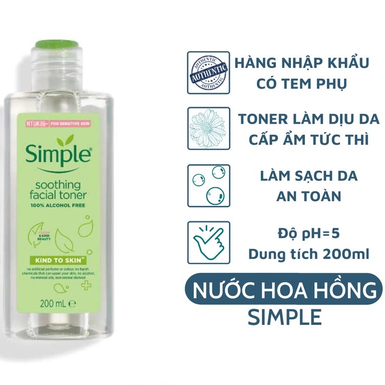 Nước Hoa Hồng Không Cồn Simple Kind To Skin Soothing Facial Toner 200ml