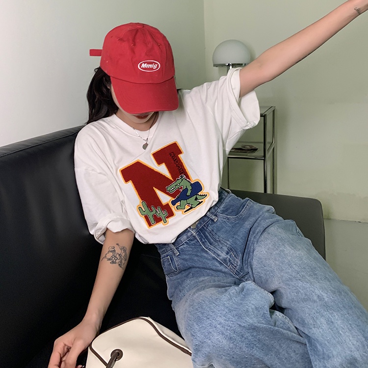 Áo Thun Tay Ngắn Cổ Tròn Thêu Họa Tiết Thời Trang Hàn Quốc Cho Nữ