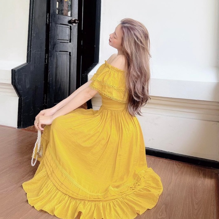 [Ảnh thật] Set áo trễ vai bèo chân váy midi viền ren siêu xinh