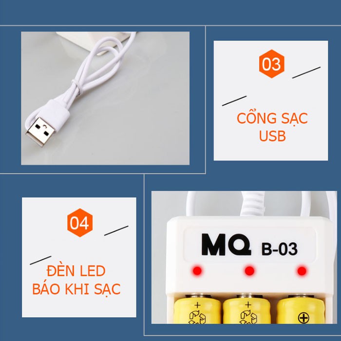 Combo Bộ sạc pin AA, AAA 03 cổng (sạc pin Ni-Cd) - MQ-03 + tặng kèm 04 viên pin sạc AAA 600mAh