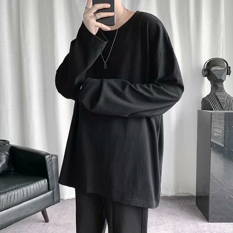 Mới Áo thun tay dài cổ tròn màu trơn đơn giản phong cách Harajuku cho nam