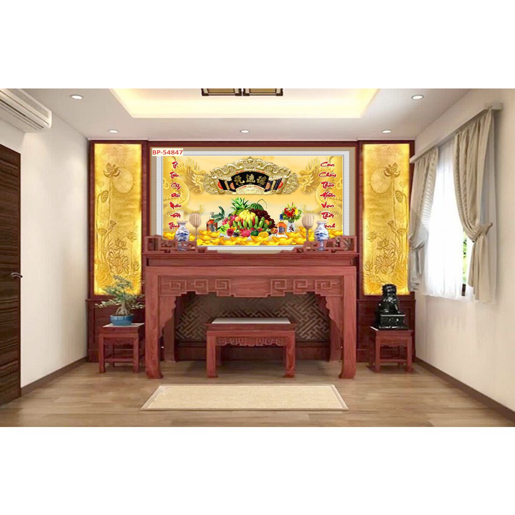 Tranh in ngũ quả hoành phi trang trí phòng thờ dán tường 3D  kích thước rộng 150 x 120