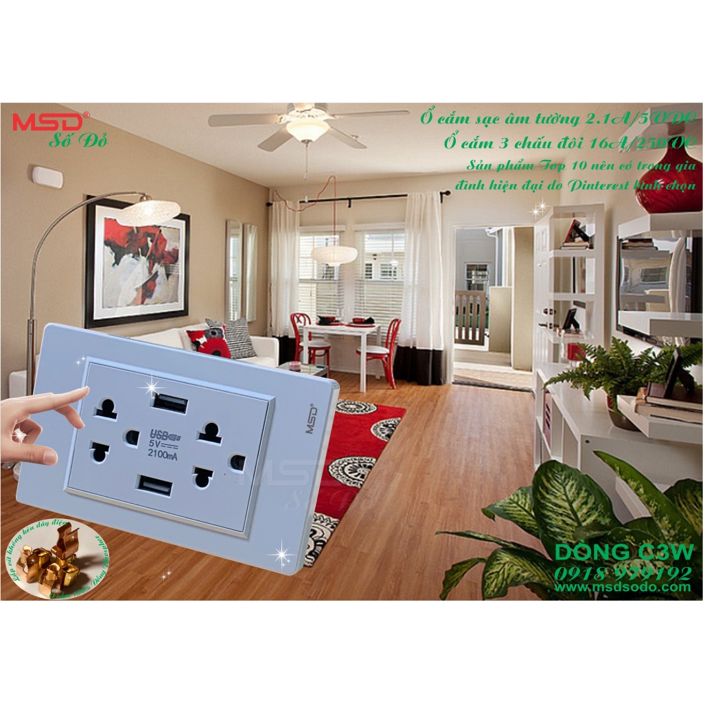 Ổ CẮM SẠC ĐIỆN THOẠI ÂM TƯỜNG VÀ 2 Ổ CẮM 3 CHẤU  - SIZE 1 - DÒNG C3W - MÀU TRẮNG TUYẾT