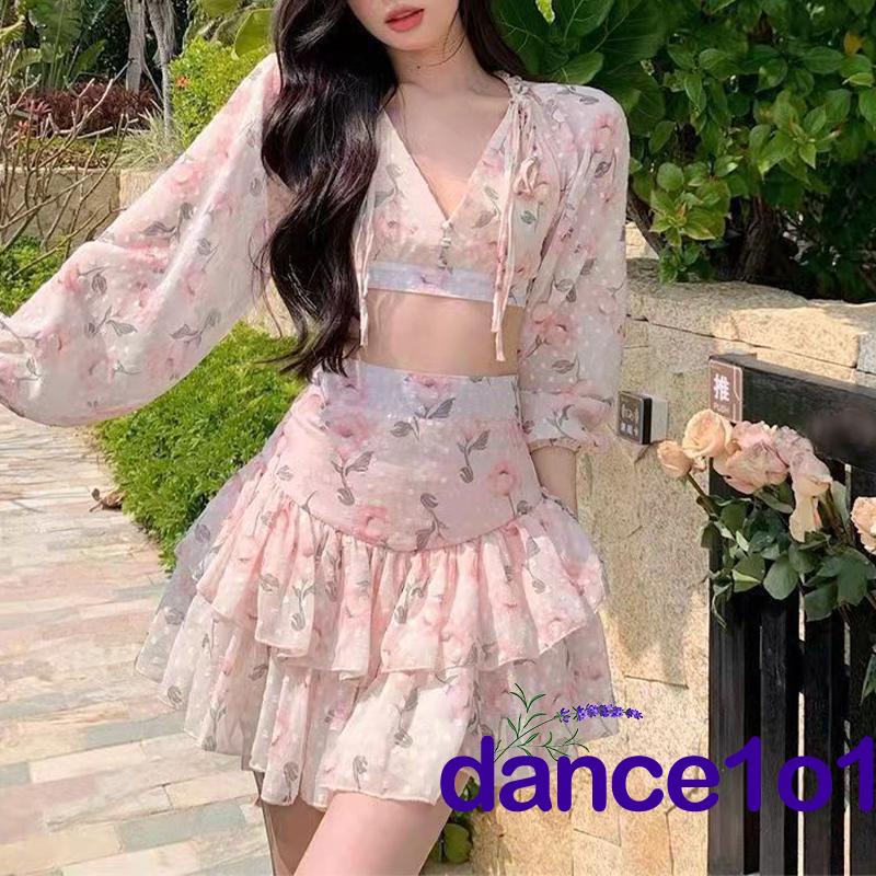 dance1o1-Women Summer Long Sleeve Deep V Neck Floral Crop Tops + Mini Skirt Set