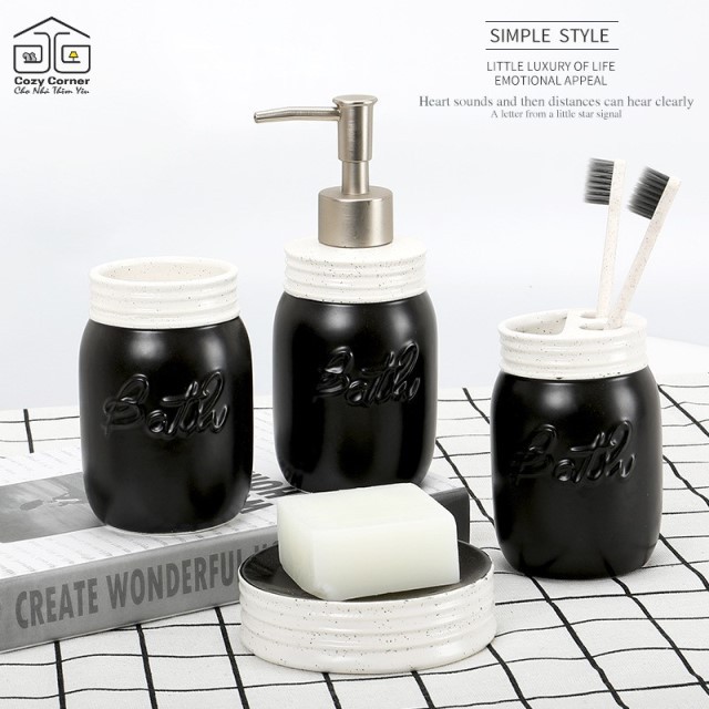 SET BỘ ĐỒ DÙNG NHÀ TẮM BẰNG GỐM SỨ BLACK&WHITE (4 MÓN)