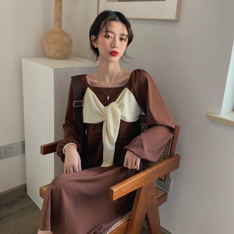 SUXI Đầm Midi Cổ Vuông Phối Nơ Xinh Xắn Theo Phong Cách Hàn Quốc Dành Cho Nữ