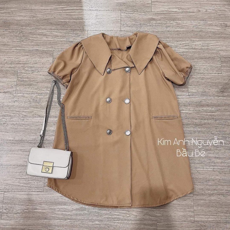 váy baby doll cổ vest tay bồng màu nâu tây