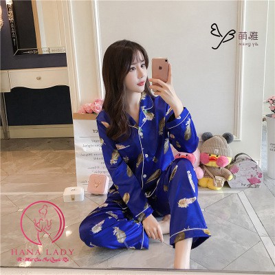 Đồ ngủ nữ, bộ ngủ pijama phi lụa họa tiết lông công PJ279
