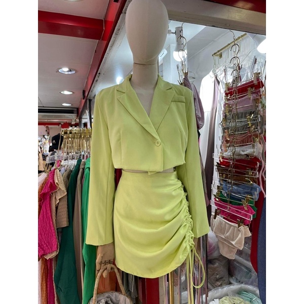set áo vest croptop + chân váy rút Thailand