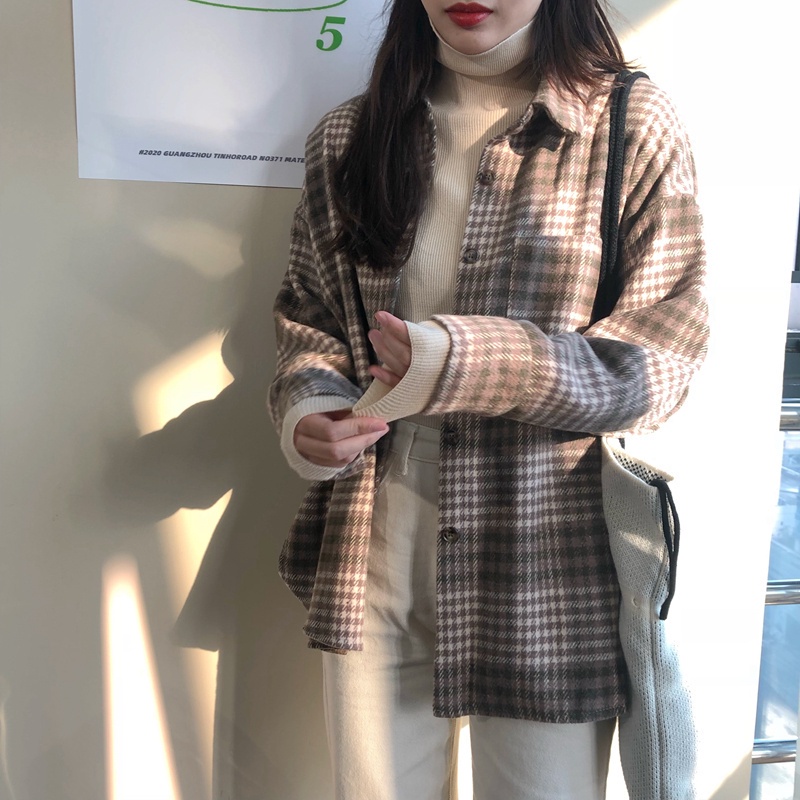 SUXI Áo sơ mi caro tay dài dáng rộng thiết kế mới phong cách Hàn Quốc