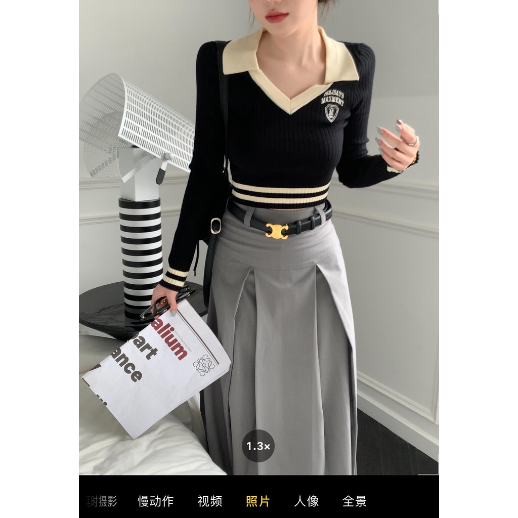 Áo Dệt Kim Dáng Ôm Ngắn Kẻ Sọc Màu Sắc Phong Cách Hàn Quốc Dễ Phối Đồ