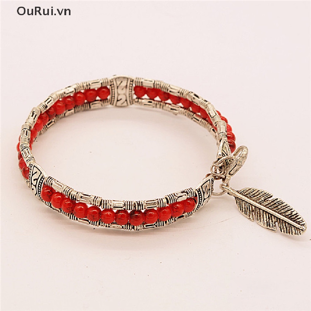 {RUI} Vòng Tay Bạc Tây Tạng Hình Lông Vũ Màu Ngọc Lam Phong Cách Bohemian Cổ Điển {OuRui.vn}