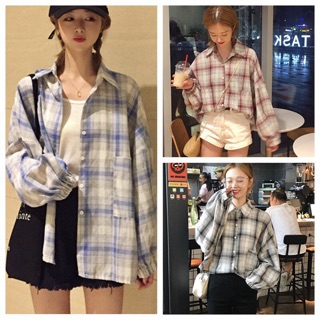 Áo sơ mi sọc ca-rô dáng rộng dài tay ulzzang