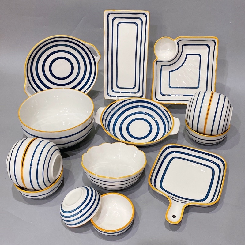 Tô dĩa sứ hoạ tiết kẻ ngang sang trọng, chén bát phong cách Bắc Âu mới hiện đại (Tách lẻ món)