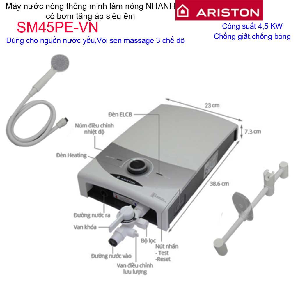 Máy nước nóng Ariston, máy nước nóng trực tiếp có bơm Ariston Aures SM45PE (có bơm)