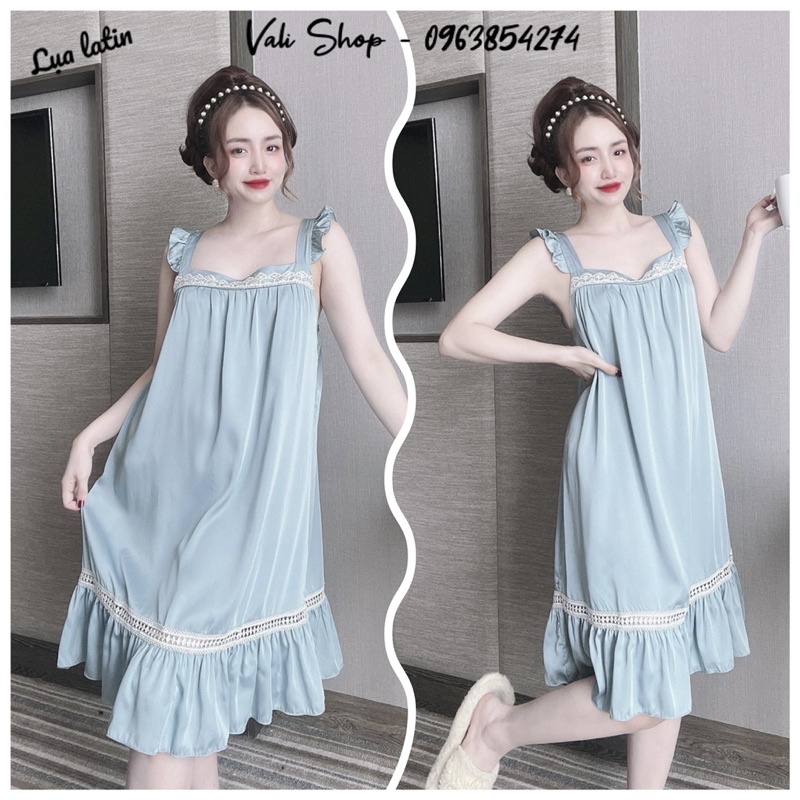 Váy ngủ mặc nhà lụa latin phối ren đuôi cá xoè freesize 42-57kg