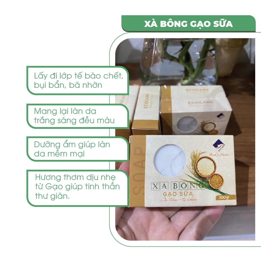 Xà bông gạo sữa ECOCARE 100gram, thành phần hữu cơ tự nhiên giúp sáng da, dưỡng ẩm hiệu quả và an toàn