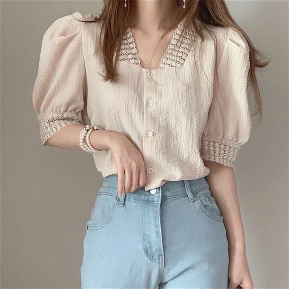 Áo kiểu SUXI phối ren tay phồng ngắn cổ chữ V thời trang hè phong cách Hàn Quốc cổ điển