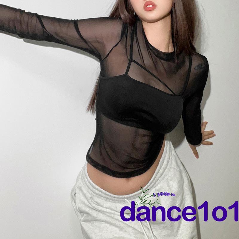 ☆KE♧Women´s Camisole + Long Sleeve Crew Neck See-Through Mesh T-Shirt Set