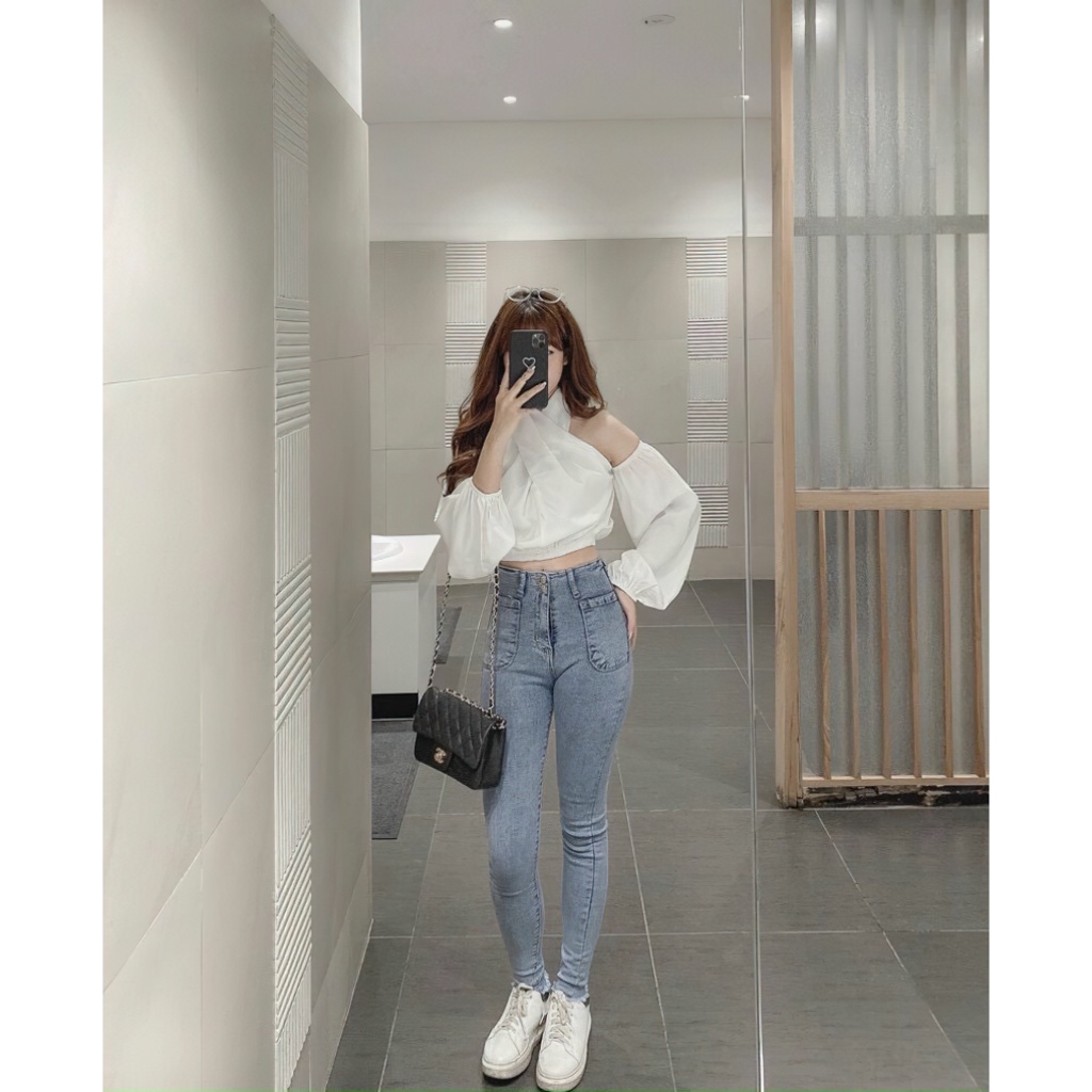 Áo trễ vai croptop kiểu nữ tay dài thiết kệ độc lạ hở lưng quyến rũ freesize màu trắng và đen THEA TOP