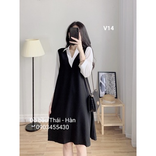 [HOT]Váy bầu công sở phối tay trắng sơ mi V14[SHIPXTRA]