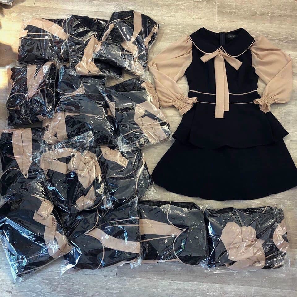 đầm vol lụa tầng phối nơ cổ tay dài