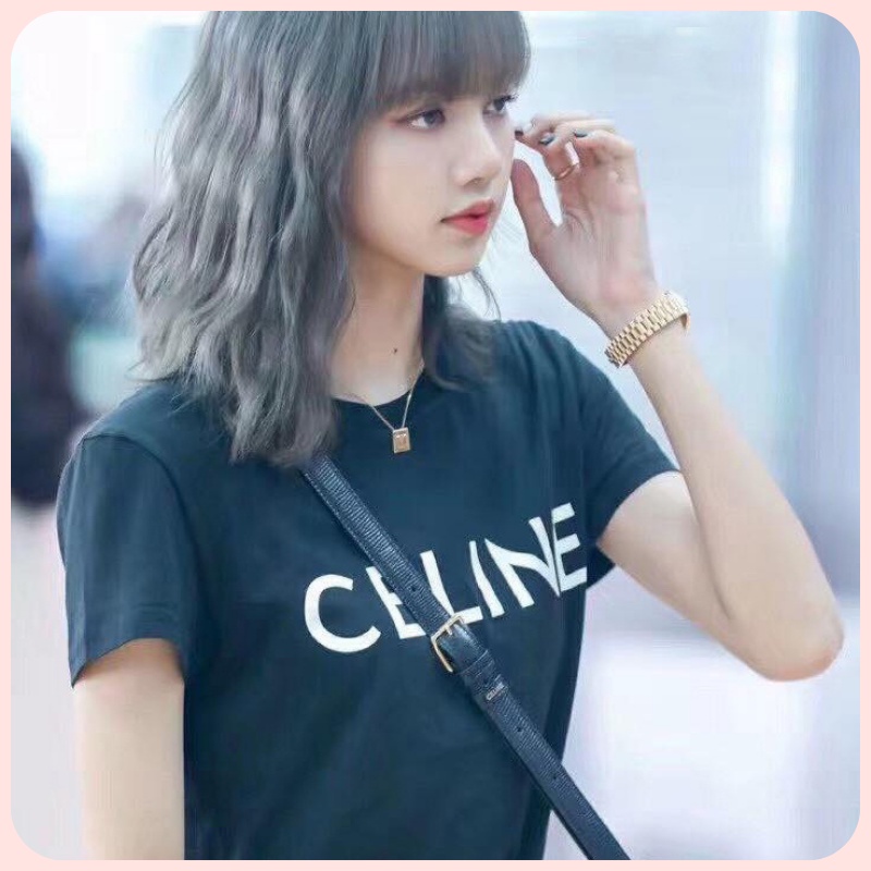 Áo Thun Nữ Tay Ngắn Cổ Tròn Màu Đen In Chữ CE LINE