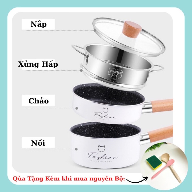 Bộ Nồi Chảo Fashion Cho Bé Ăn Dặm, Nồi Chảo Ăn Dặm Fashion 16cm Kèm Xửng Hấp Cho Bé
