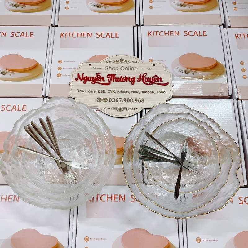 Set 3 bát thuỷ tinh tặng kèm 6 dĩa inox, bát dày, cầm nặng tay, đựng đồ ăn đẹp cực sang và đẹp mắt