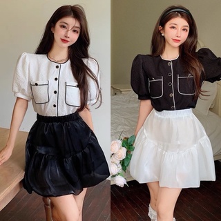 [Hàng Đẹp] Set Áo Xốp Nhăn Mix Chân Váy Tơ Óng 2 Màu Sang Chảnh Có Ảnh Thật Kèm Video