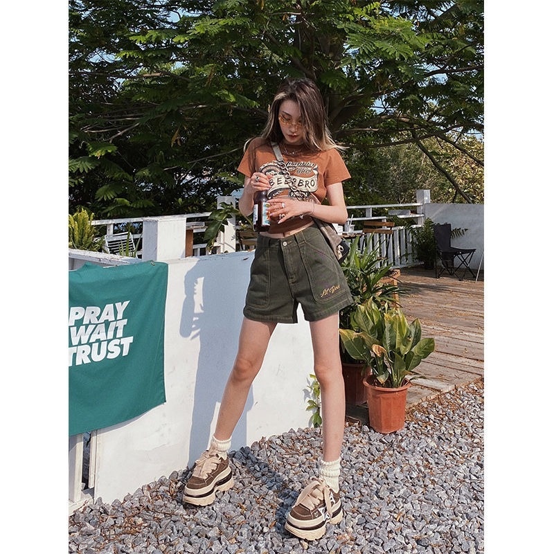 Quần Short Jeans Lưng Cao Ống Rộng Phong Cách Retro Mỹ Thời Trang Cho Nữ